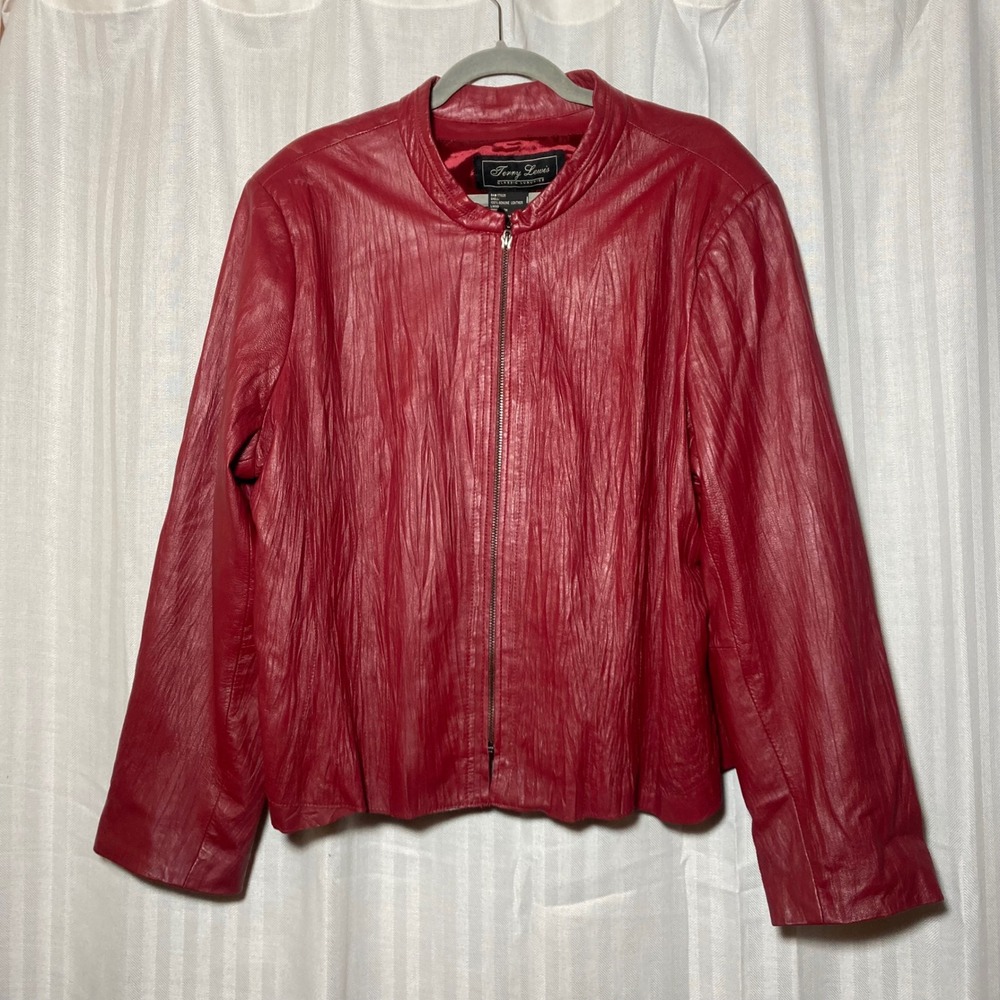 Terry Lewis Classic Luxuries Red Crinkle Genuine Leather Zip Jacket Womens 2X